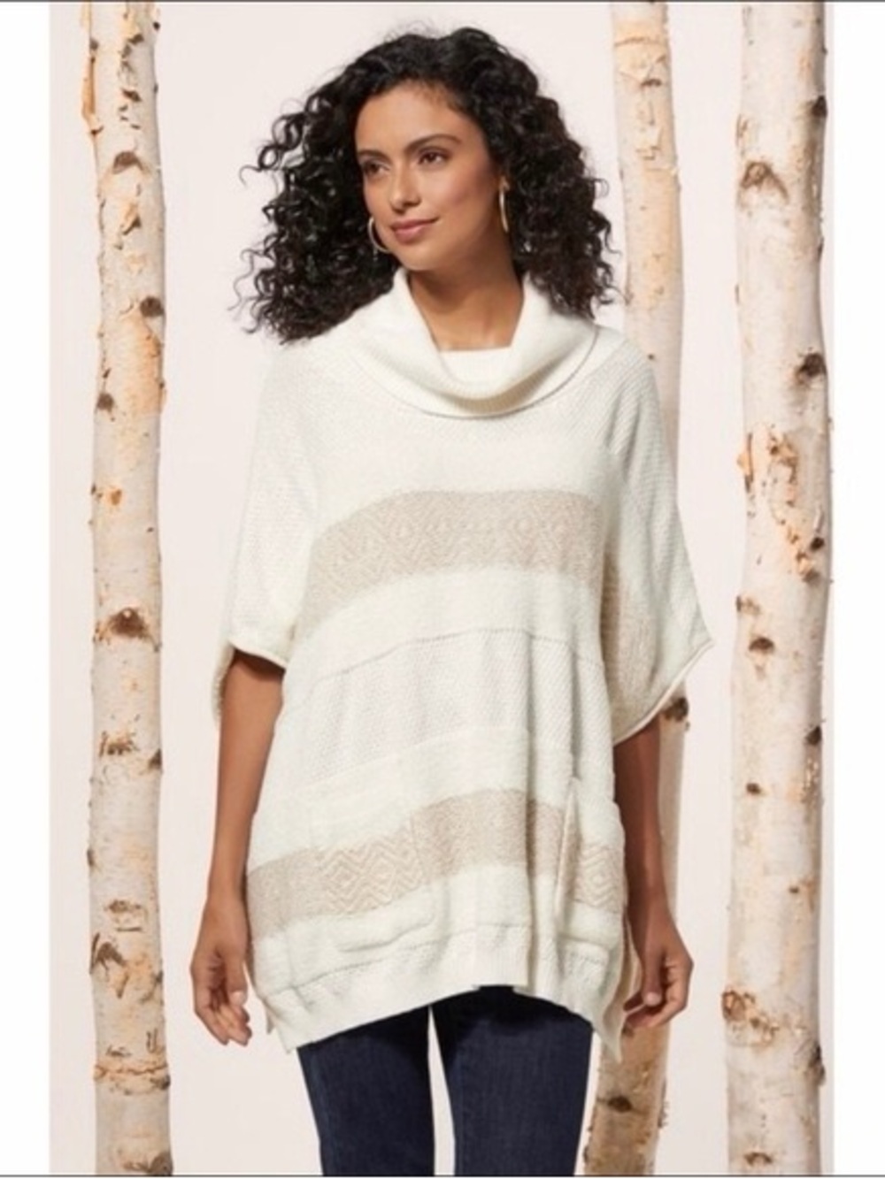 Soft Surroundings Meribel Striped Cowl Neck Poncho Sweater Soft Cozy Oversized M